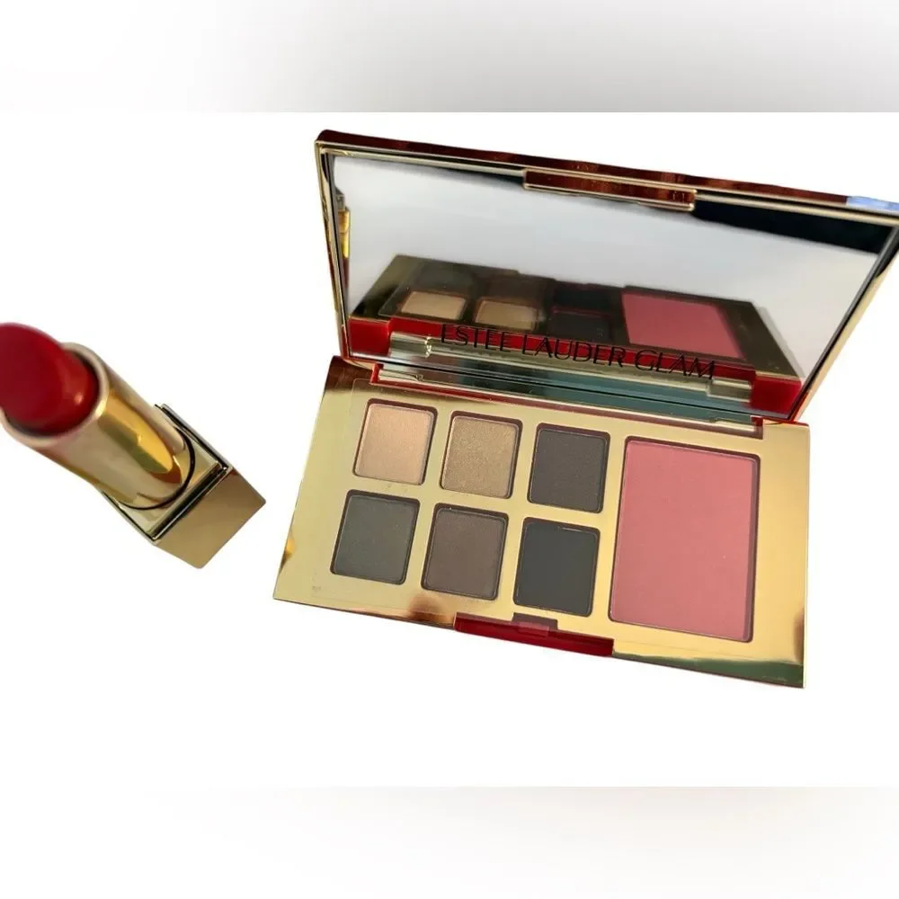 Estee Lauder Lipstick, Eyeshadow,‎ Blush, plus Quilted Burgundy Cosmetic Bag